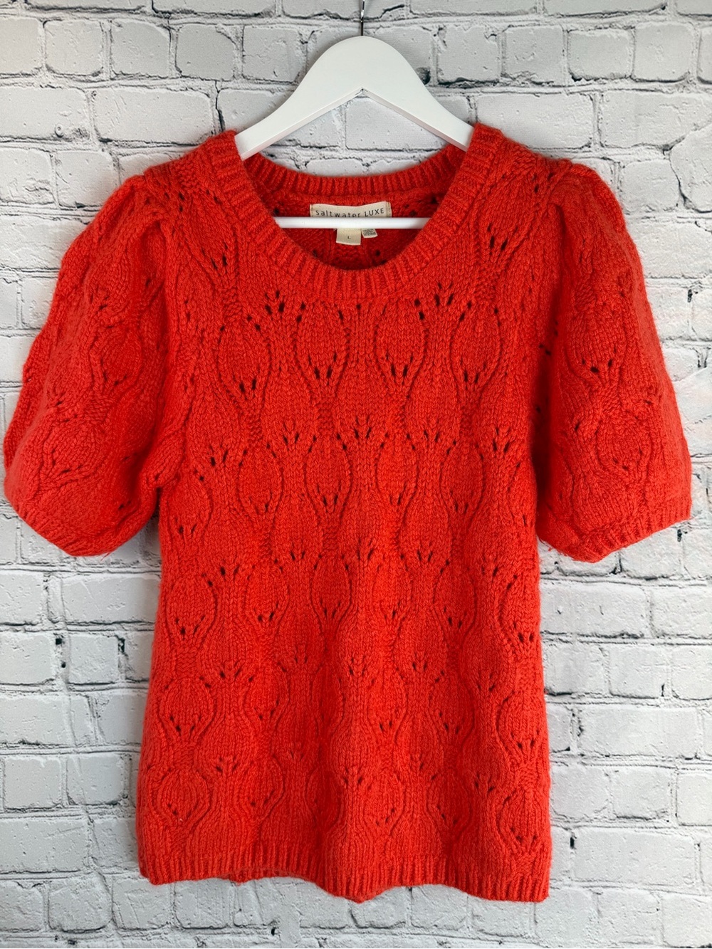 SALTWATER LUXE bright red short-sleeve cable knit crew sweater